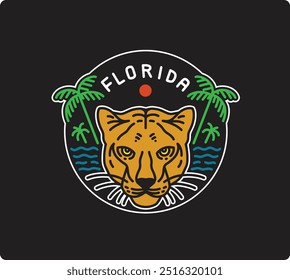 brown panther head badge vector illustration with summer beach theme background in florida and palm trees. can be used for t-shirt design, hat, tourist merchandise