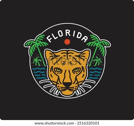 brown panther head badge vector illustration with summer beach theme background in florida and palm trees. can be used for t-shirt design, hat, tourist merchandise