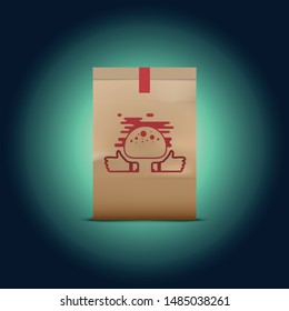 Brown paper bag bakery for wrapped in bread. paper bag folded, paste red sticker design hand with thumb up logo symbols isolated on dark green background.  For your  business vector illustration. 