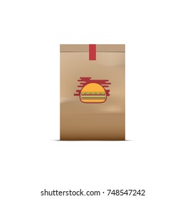 Brown paper bag bakery for wrapped in bread. paper bag folded, paste red sticker  with logo isolated on white background.  For your  business  vector illustration. 