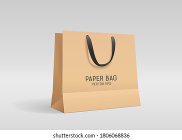 Brown paper bag, with black cloth handle design, template on gray background Eps 10 vector illustration