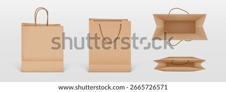Brown paper bag collection with rope handles in beige kraft material for shopping and retail packaging. Side and top view eco friendly carrier bags for commercial use and branding applications.