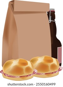 Brown paper bag containing two sandwiches and a beer bottle