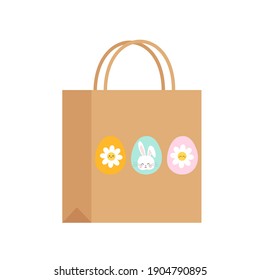 Brown paper bag with Easter eggs, rabbit and daisy flower icon on white background vector illustration.