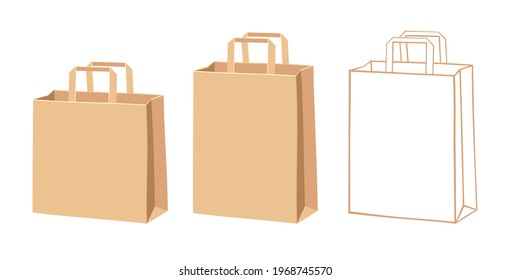 brown paper bag, eco package shopping bag set vector illustration isolated