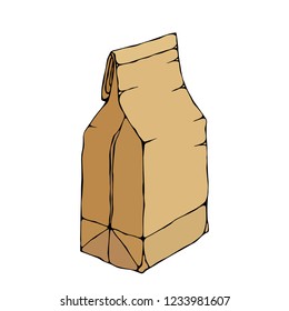 Brown Paper Bag. Package Collection. EPS10 Vector. Hand Drawn Doodle Style Realistic Illustration.