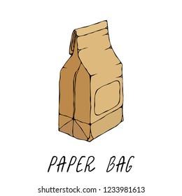 Brown Paper Bag. Package Collection. EPS10 Vector. Hand Drawn Doodle Style Realistic Illustration.