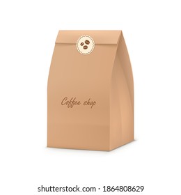 Brown paper bag. Produt snack bag ecological packaging for coffee shop, cafe and restaurant realistic vector illustration