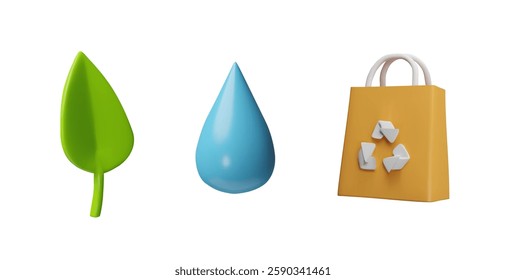 Brown paper bag with recycle sign, water drop and green leaf 3D cartoon plastic style vector icon set. Ecology, nature and environment conservation concept. Eco-friendly lifestyle