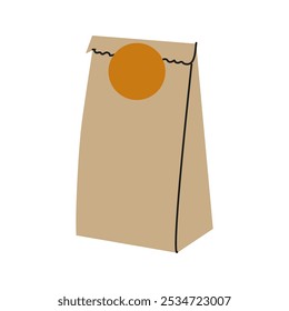 Brown paper bag with a round orange label on a white background, ideal for packaging