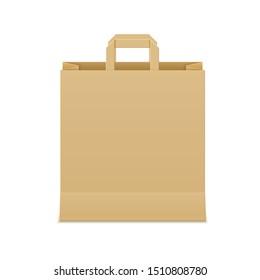 Brown paper bag for shopping. Blank cardboard packet on white background.
