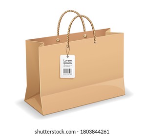 Compra de bolsos de papel marrón, con mangos de cuerda, y diseño de simulación de plantillas de etiquetas, aislado en fondo blanco, ilustración vectorial Eps 10