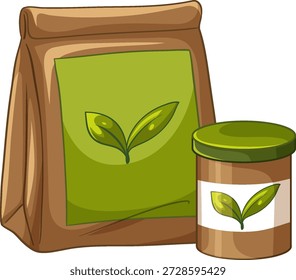 A brown paper bag and small jar with green leaf labels on a white background