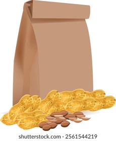 Brown paper bag standing upright with a pile of peanuts in shells and some shelled peanuts in front of it on a white background