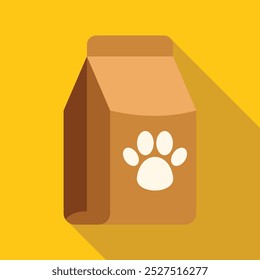 Brown paper bag standing up with a white paw print, likely containing pet food