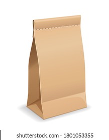 Brown paper bag, with stitching bag mouth, template design, isolated on white background Eps 10 vector illustration
