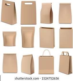 Brown Paper Bags And Packaging Big Collection With Gradient Mesh, Vector Illustration