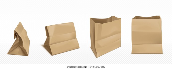 Brown paper bags set isolated on transparent background. Vector realistic illustration of craft package mockup with blank space for branding, grocery shop, supermarket, takeaway food paper packet