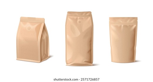 Brown paper bags set isolated on white background. Vector realistic illustration of 3D craft pouch mockups with zip lock and blank surface for product branding, resealable food, coffee, tea packaging