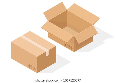 Brown paper cardboard box. Open and sealed, with shadow. Isometric vector illustration