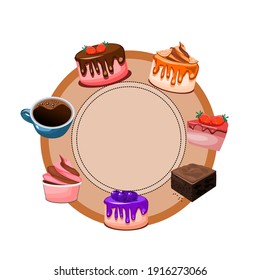 The brown paper circle label has many kinds of cakes around the circle.Vector illustration isolated on white background.Coffee, Brownie, Strawberry Cake, Orange Cake And ice cream .