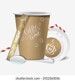 Brown paper coffee cup with lid, spoon, straw and sugar bag, with coffee design elements on a white background in vintage style. Collection of 3d mock up coffee cup.