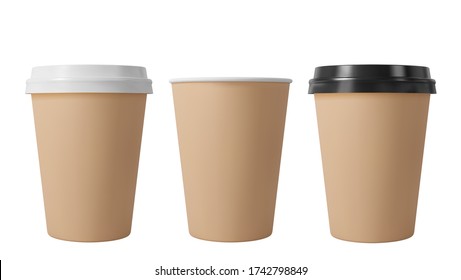 Brown paper coffee cups with black and white lids. Open and closed middle paper cup. Realistic vector mockup