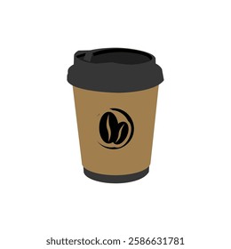 A brown paper cup with a black lid and a coffee bean logo on a white background.