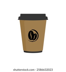 A brown paper cup with a black lid and a coffee bean logo on a white background.