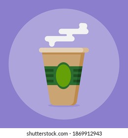 brown paper cup with green paper strips and vapor isolated on purple background, vector flat illustration.