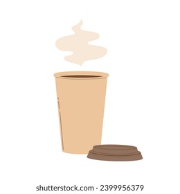 Brown paper cup of hot coffee or tea with a steam. Coffee to go. Modern flat vector illustration isolated on white background