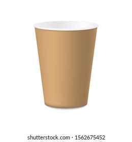 Brown paper cup isolated on white background. Empty mock up of cup for hot drinks: coffee, tea, chocolate. Vector illustration EPS 10.