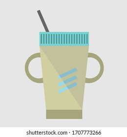 
a brown paper cup that has two handles on the right and left and on the top there is a black straw