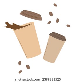 Brown paper cups of hot coffee with a lids. Composition with a splashing coffee to go and coffee beans. Modern flat vector illustration isolated on white background