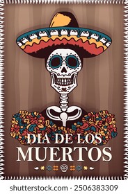 Brown paper cut poster with hand drawn decorated Calavera skeleton figure with ornately decorated skull in sombrero surrounded by marigold flowers for Dia de los Muertos (Mexican Day of the Dead)