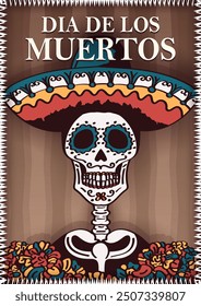 Brown paper cut poster with hand drawn decorated Calavera skeleton figure with ornately decorated skull in sombrero surrounded by marigold flowers for Dia de los Muertos (Mexican Day of the Dead)