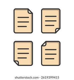 Conjunto de iconos de documentos de papel marrón Ilustración vectorial de estilo plano aislado sobre fondo blanco.