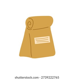 Brown paper, eco friendly bag. Takeaway snack. Vector illustration zero with waste packaging, sustainable takeout, healthy lunch