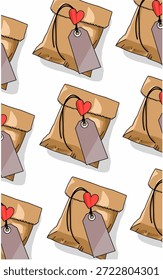 Brauner Papierumschlag Geschenk mit Herzanhänger Dekoration und Streichmuster einzeln auf Weiß 