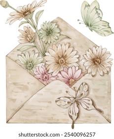 A brown paper envelope and a watercolor painting of daisies