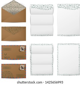 Brown paper envelopes and blank white letter papers with animal pattern template set, vector illustration