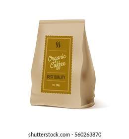 Brown Paper Food Bag Package Of Coffee. Vector mockup Template. Vector packaging design.