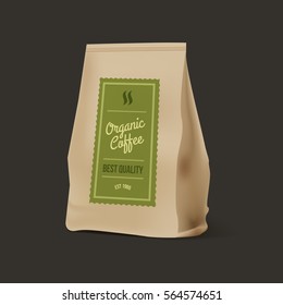 Brown Paper Food Bag Package Of Coffee. Vector mockup Template. Vector packaging design.