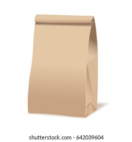 Brown paper food bag package. Realistic vector mockup template. Vector packaging design.