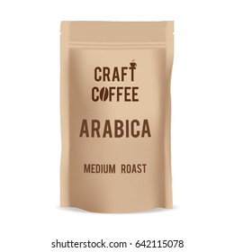 Brown paper food bag package of craft coffee. Realistic vector mockup template. Vector packaging design.