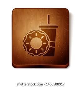 Brown Paper glass with drinking straw and donut icon isolated on white background. Soda aqua drink sign. Fast food menu. Wooden square button. Vector Illustration