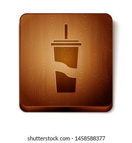 Brown Paper glass with drinking straw and water icon isolated on white background. Soda drink glass. Fresh cold beverage symbol. Wooden square button. Vector Illustration