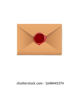 Brown paper letter envelope with dark red wax seal isolated on white background - round blank wax seal design mockup template. Realistic vector illustration.