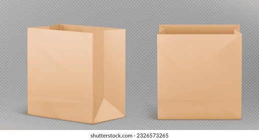 Brown paper lunch bag for food vector mockup icon. Isolated 3d kraft box pack for school snack or meal takeaway. Realistic craft cardboard packaging texture for shop or supermarket business graphic