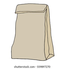 Brown paper lunch bag. Hand drawn sketchy craft paper food bag. Vector illustration.